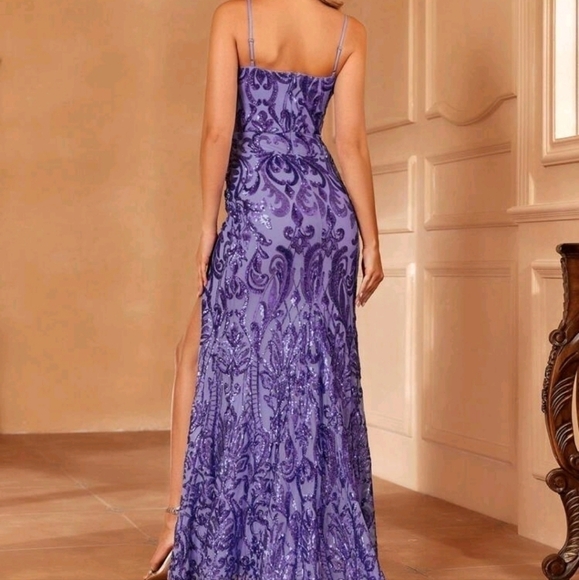 Purple Sequined Cami, Spaghetti Strap,  Slit Thigh Mermaid - Picture 4 of 11